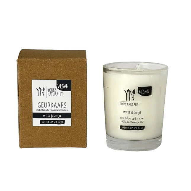 Geurkaars Witte Jasmijn van Yours Naturally in glas met bijpassende verpakking