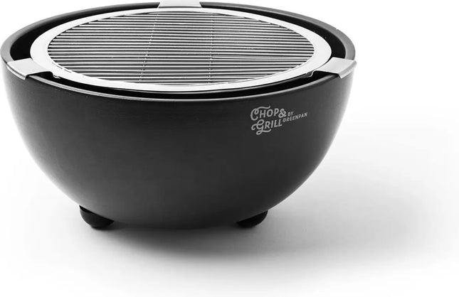 GreenPan Chop & Grill tafelbarbecue – productfoto van de barbecue met metalen grillrooster en logo-opdruk op zwarte behuizing