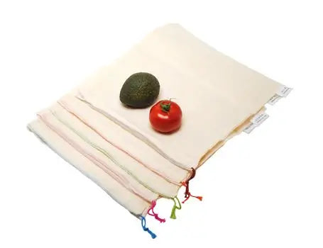 Set van vijf herbruikbare groente- en fruitzakken van biologisch katoen, formaat L 30 × 33 cm, met trekkoord