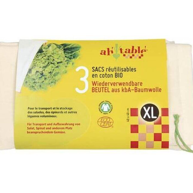 Set van drie herbruikbare groente- en fruitzakken van biologisch katoen, formaat XL 40 × 40 cm, met trekkoord
