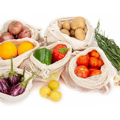 Set herbruikbare groente- en fruitzakjes in verschillende maten van ademende stof, geschikt voor boodschappen en plasticvrij winkelen