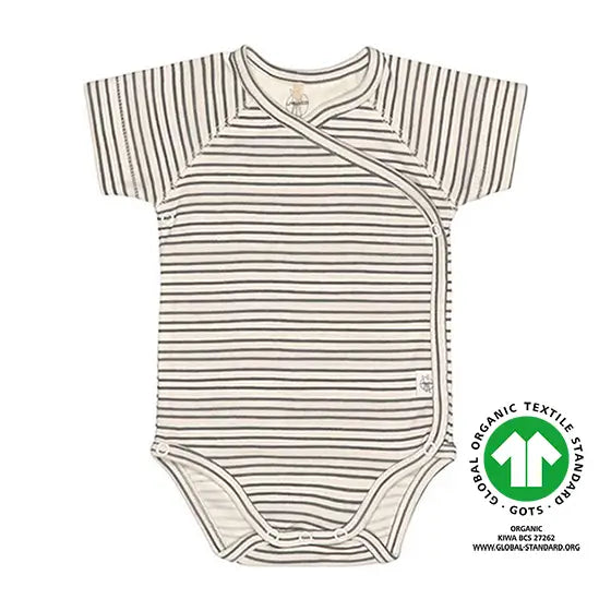 GOTS gecertificeerd Lässig babyromper grijs gestreept met voorsluiting