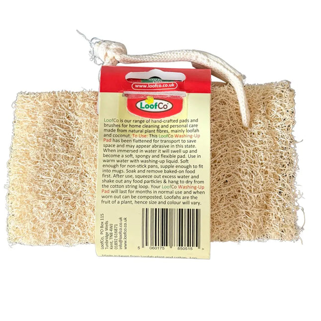 Achterzijde van de verpakking van de LoofCo afwasspons met productinformatie