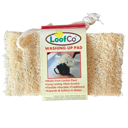 Voorzijde van de verpakking met één LoofCo afwasspons van loofah