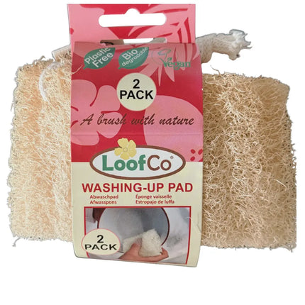 Voorzijde van de verpakking met twee LoofCo afwassponzen van loofah