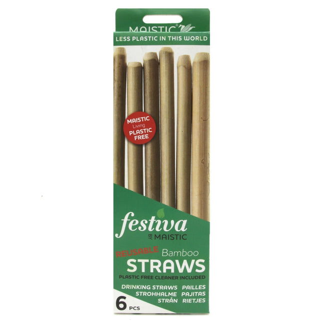 Set van 6 herbruikbare bamboe rietjes van Maistic met schoonmaakborsteltje in kraftverpakking