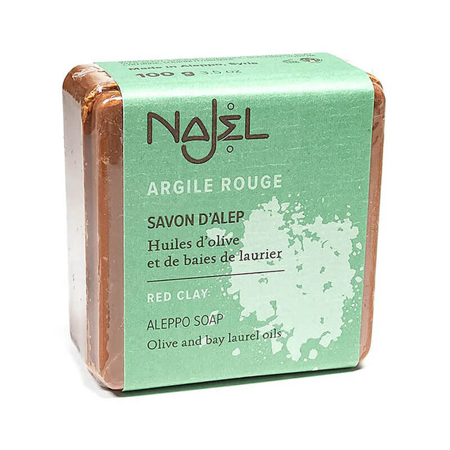 Najel Aleppo zeep met rode klei, 100 gram, traditionele plantaardige zeep in verpakking.