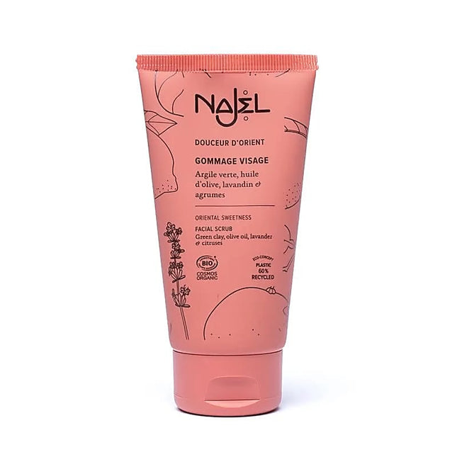 Najel Eastern Softness BIO gezichtsscrub in roze tube met botanische illustraties.