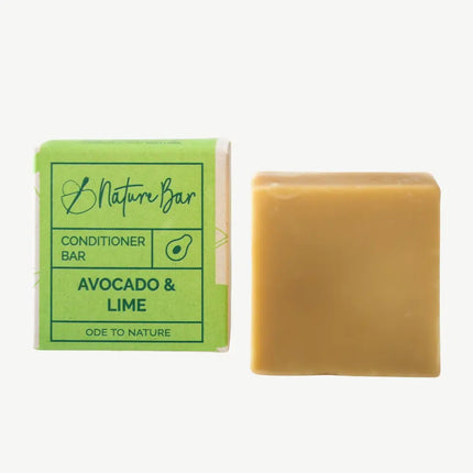 Conditioner Bar Avocado Limoen & Citroengras naast verpakking op witte achtergrond