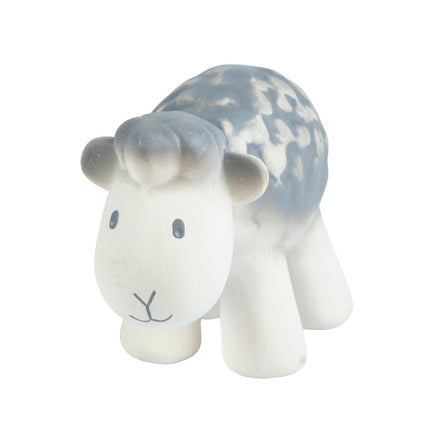 Natuurrubber bad- en bijtspeeltje in de vorm van een schaap, zijvooraanzicht.