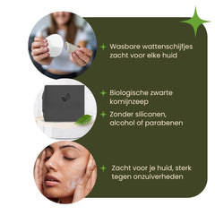 Vrouw met wasbare wattenschijfjes op de voorgrond, zwarte komijnzeep op een rond plateau en ingezoomd gezicht dat de huid insmeert als bundelafbeelding van de Pure Skin Kit