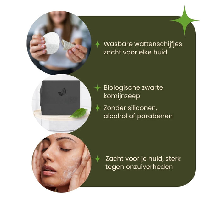 Vrouw met wasbare wattenschijfjes op de voorgrond, zwarte komijnzeep op een rond plateau en ingezoomd gezicht dat de huid insmeert als bundelafbeelding van de Pure Skin Kit