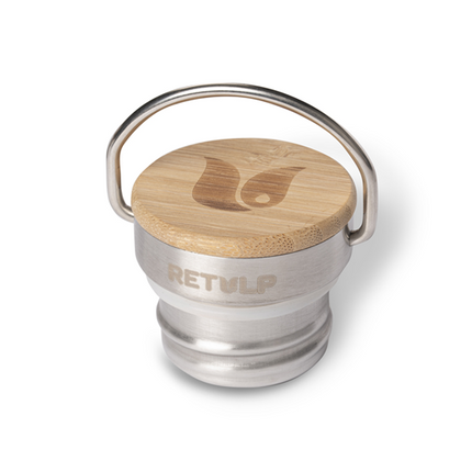 Detailfoto van de metalen hals en houten dop van de Chalk White Retulp Urban drinkfles van 750 ml