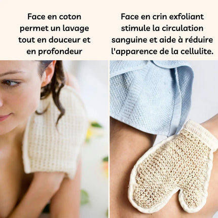 Scrubhandschoen in gebruik onder de douche – exfoliatie van de huid