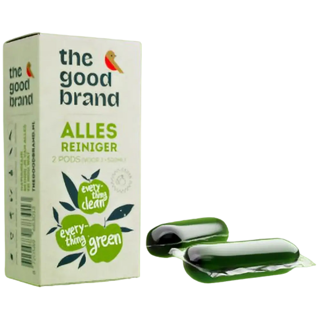 Twee navulpods van The Good Brand voor het maken van 2 × 500 ml krachtige badkamerreiniger in een hervulbare fles, biologisch afbreekbaar en plasticvrij