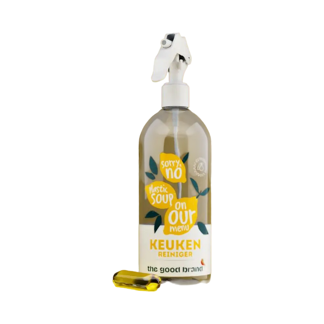 Hervulbare keukenreiniger van The Good Brand met oplosbare cleaning pod voor 500ml fris geurende reiniger, in fles van gerecycled plastic