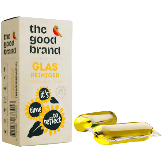 Twee navulpods van The Good Brand voor het maken van 2 × 500 ml glasreiniger met frisse geur, oplosbaar in water en geschikt voor herbruikbare flessen