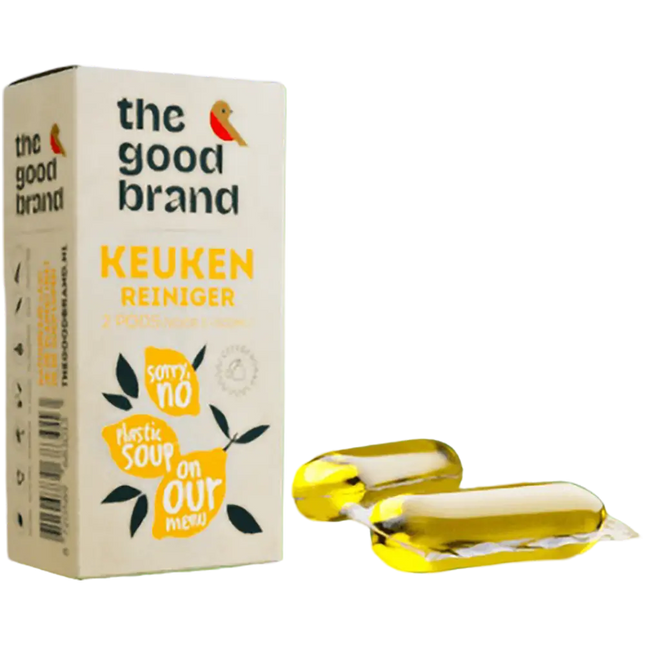 Twee navulpods van The Good Brand voor het maken van 2 × 500 ml keukenreiniger tegen vet en vuil, oplosbaar in water en geschikt voor herbruikbare flessen