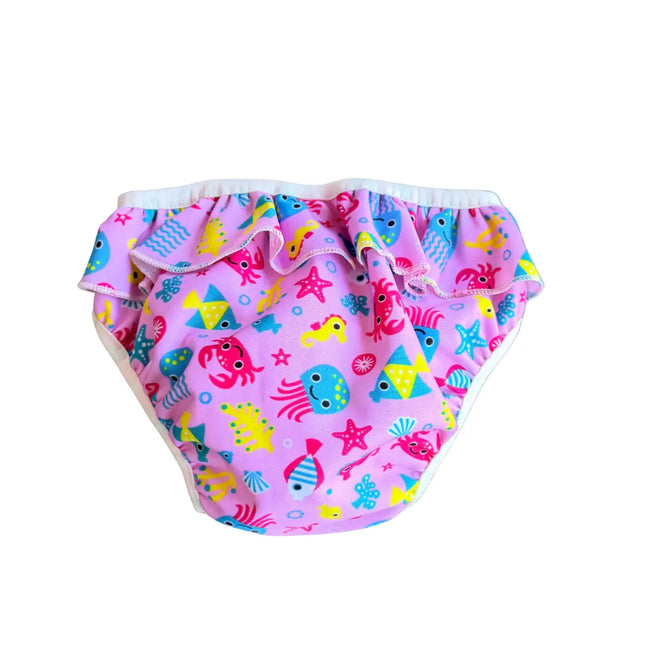 Achterkant en pasvorm wasbare zwemluier Imse Vimse Pink Sealife