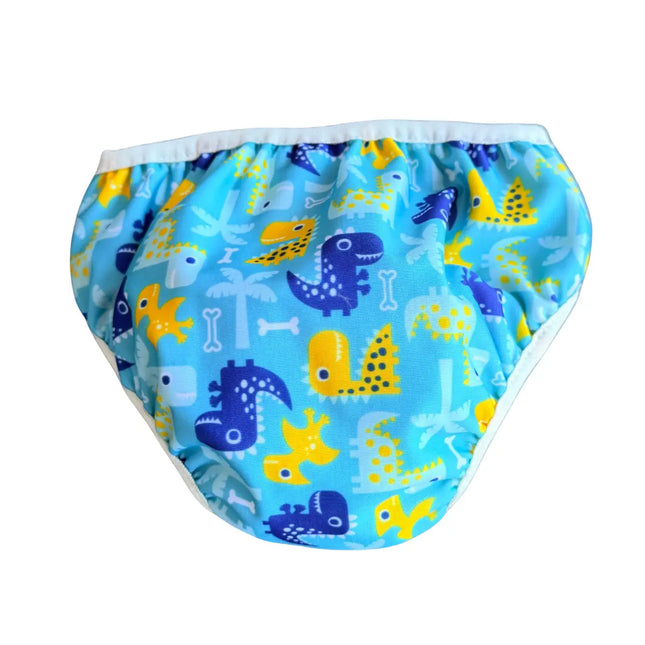 Achteraanzicht van de turquoise herbruikbare baby zwemluier met dinoprint, tonend hoe de elastische tailleband comfortabel aansluit.