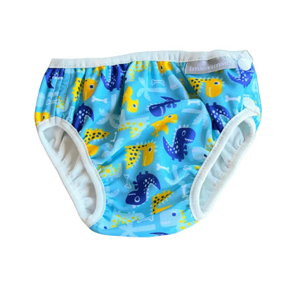 Vooraanzicht van de Imse Vimse wasbare zwemluier in Turquoise Dino print met gele en blauwe dinosauriërs tegen een witte achtergrond.