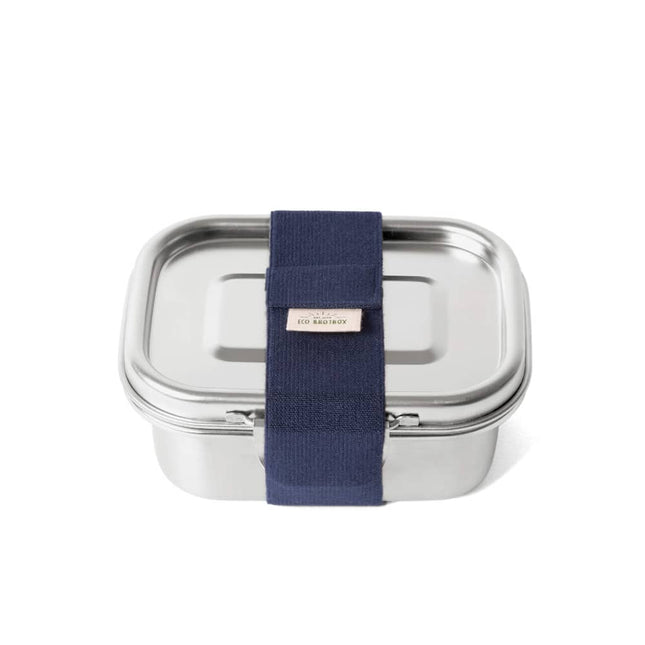 Eco Brotbox Yumi+ S roestvrijstalen vershouddoos met donkerblauw elastiek – gesloten en klaar voor onderweg