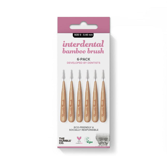 Verpakking van Humble Co. interdentale borstels van bamboe – 6 stuks per maat