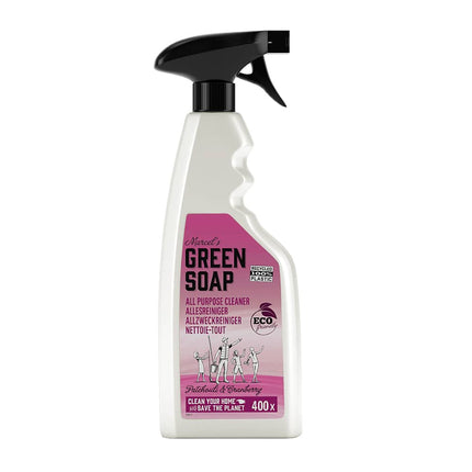 Voorkant allesreiniger sprayfles Marcel’s Green Soap Patchouli en Cranberry