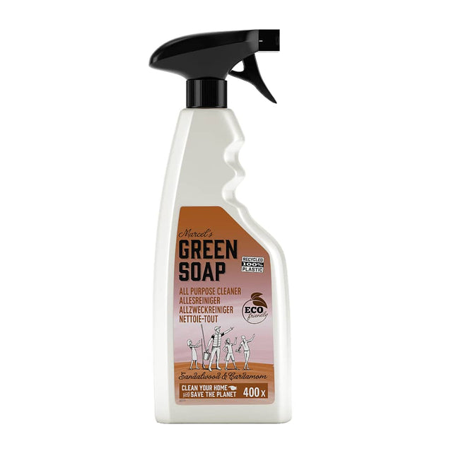 Voorkant allesreiniger sprayfles Marcel’s Green Soap Sandelhout en Kardemom