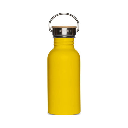 Gele Retulp Urban drinkfles van 500 ml in de kleur Happy Yellow met houten dop en metalen draagbeugel
