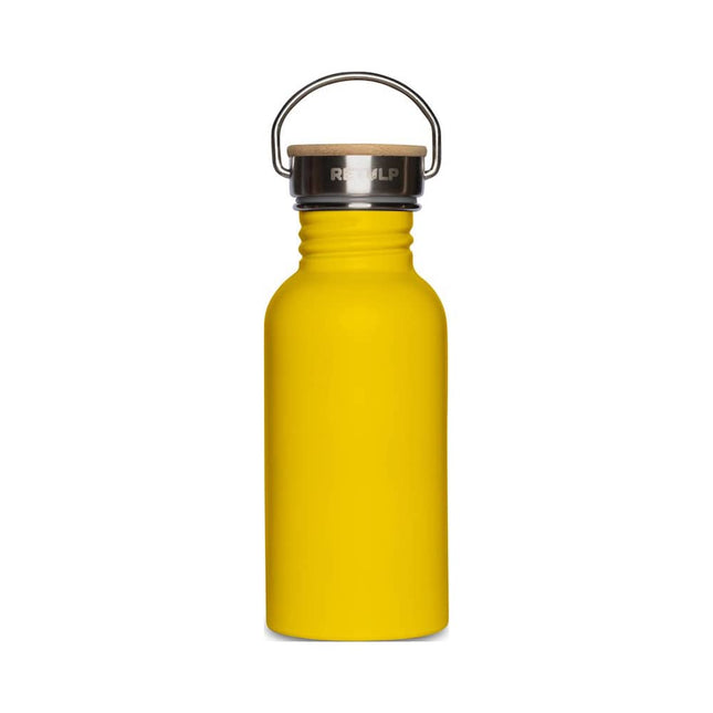 Gele Retulp Urban drinkfles van 500 ml in de kleur Happy Yellow met houten dop en metalen draagbeugel
