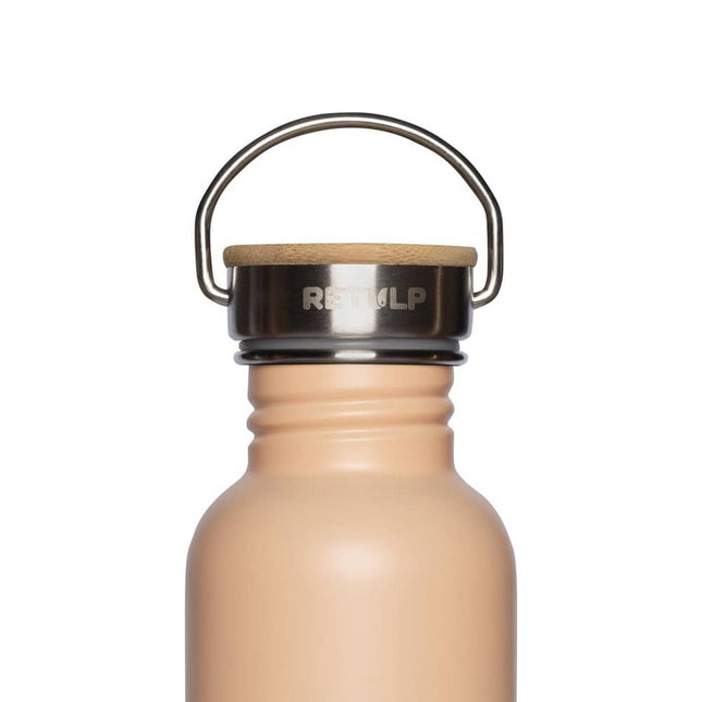 Close-up van de houten dop en metalen beugel van de Champagne Pink Retulp Urban drinkfles