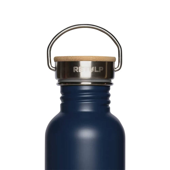 Close-up van de houten dop en metalen beugel van de Deep Ocean Blue Retulp Urban drinkfles