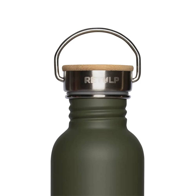 Close-up van de houten dop en metalen beugel van de Forrest Green Retulp Urban drinkfles